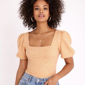 Backyard Rose Square Neck Puff Sleeve Gingham Top